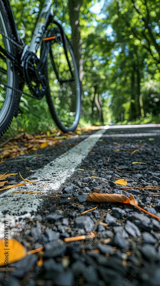 Obraz premium Closeup of Road Bike Tire on Forest Path