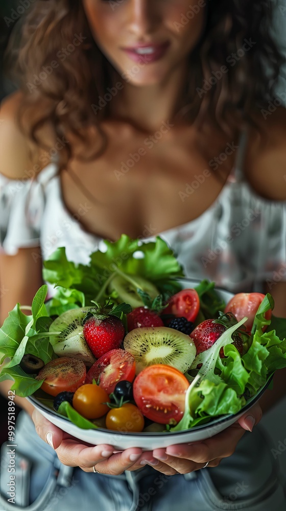 Woman Holding Fresh Fruit and Vegetable Salad Woman Holding Fresh Fruit and Vegetable Salad