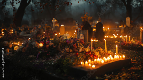 Cemetery scene with families gathered around decorated graves photo