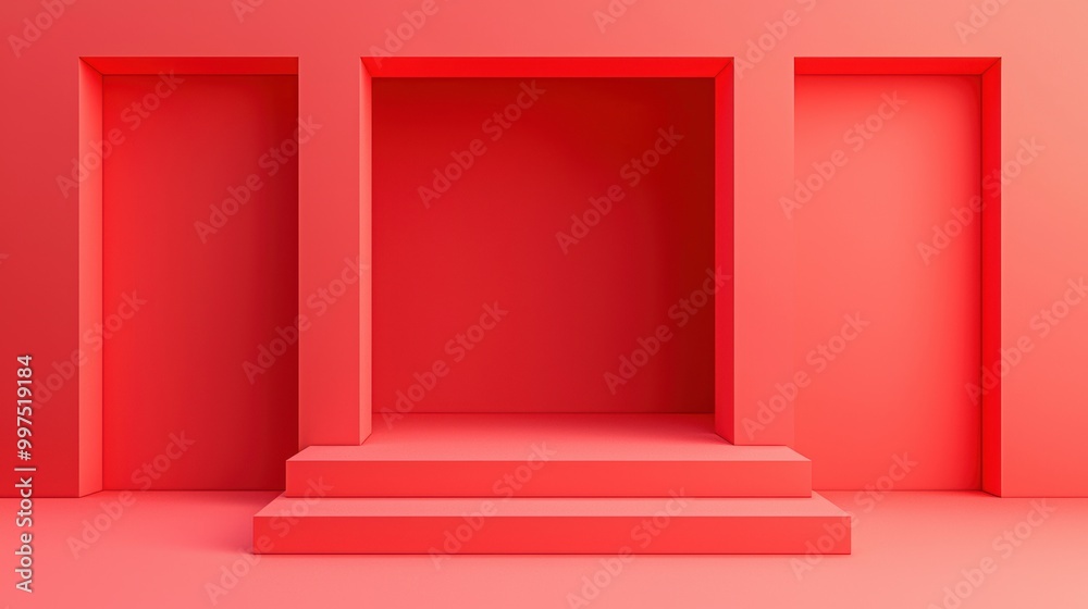 Red minimalist interior with three doors and a staircase, modern abstract design. Red minimalist interior with three doors and a staircase, modern abstract design.