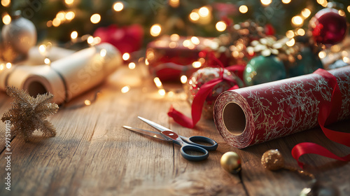 Christmas gift-wrapping station with festive decor