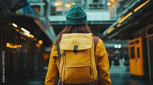 Person with a yellow backpack in urban setting.