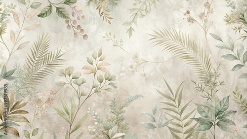 An Abstract Watercolor Painting Featuring a Lush Garden of Green and Brown Botanicals Against a Subtle Beige Background