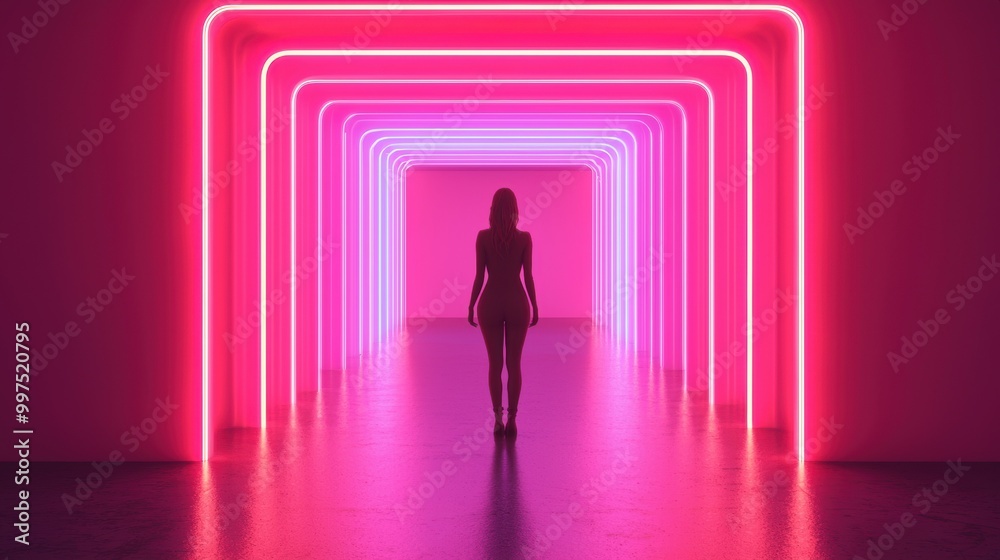 Silhouette of a woman in a neon lit corridor, vibrant colors, dramatic atmosphere. Silhouette of a woman in a neon lit corridor, vibrant colors, dramatic atmosphere.