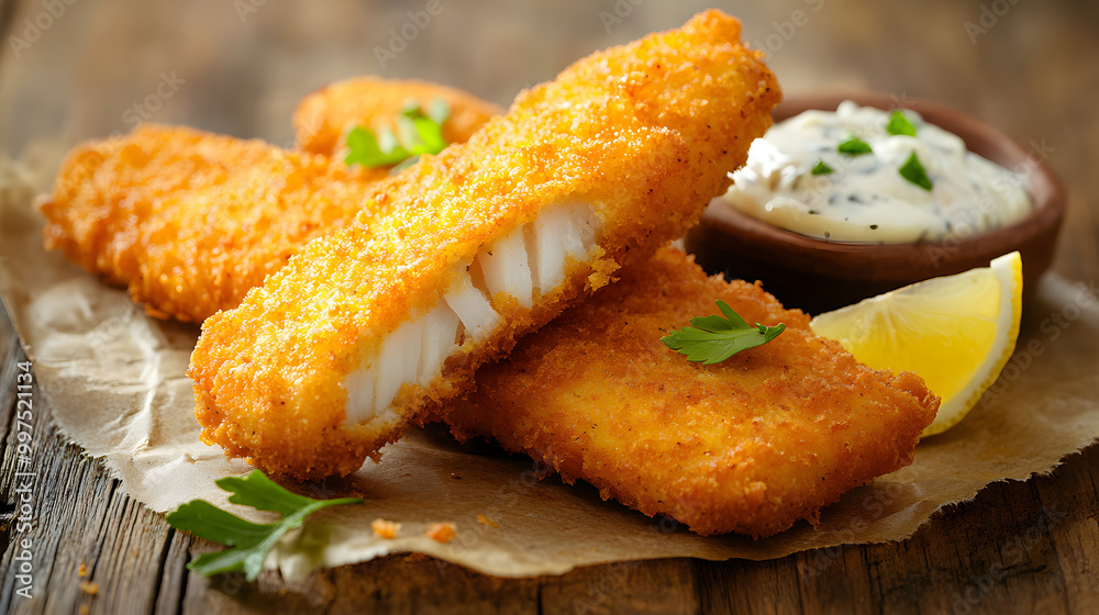 Crispy fish fingers served on parchment paper with a dipping sauce and lemon wedge.