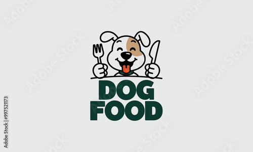 Happy dog ready to eat with a fork and knife in hand