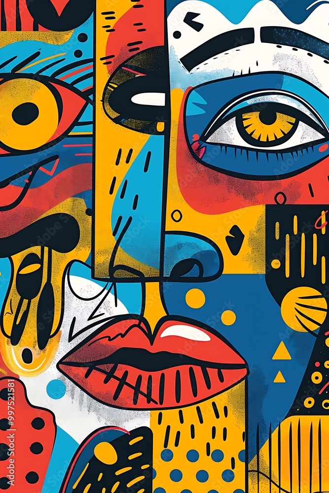 A vibrant abstract artwork featuring stylized faces and bold colors. A vibrant abstract artwork featuring stylized faces and bold colors.