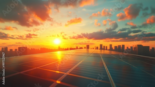 Sunset over city skyline reflecting on solar panels.