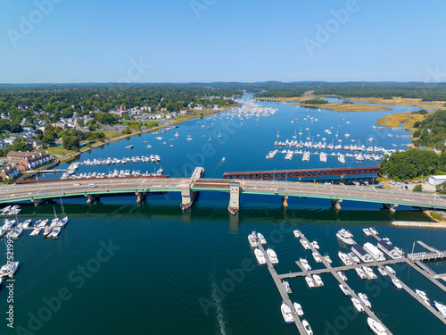 Gillis Memorial Bridge over Merrimack River aerial view in historic downtown Newburyport, Massachusetts MA, USA. photo