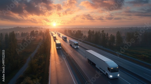 Trucks on a highway at sunset, showcasing a scenic transport route.