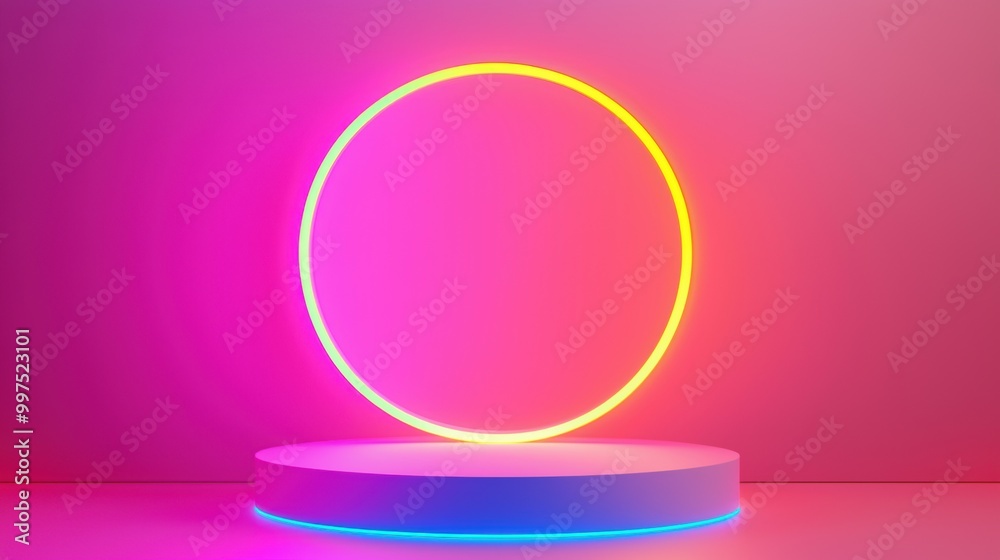 Vibrant neon circular light display on a pedestal with colorful background. Vibrant neon circular light display on a pedestal with colorful background.