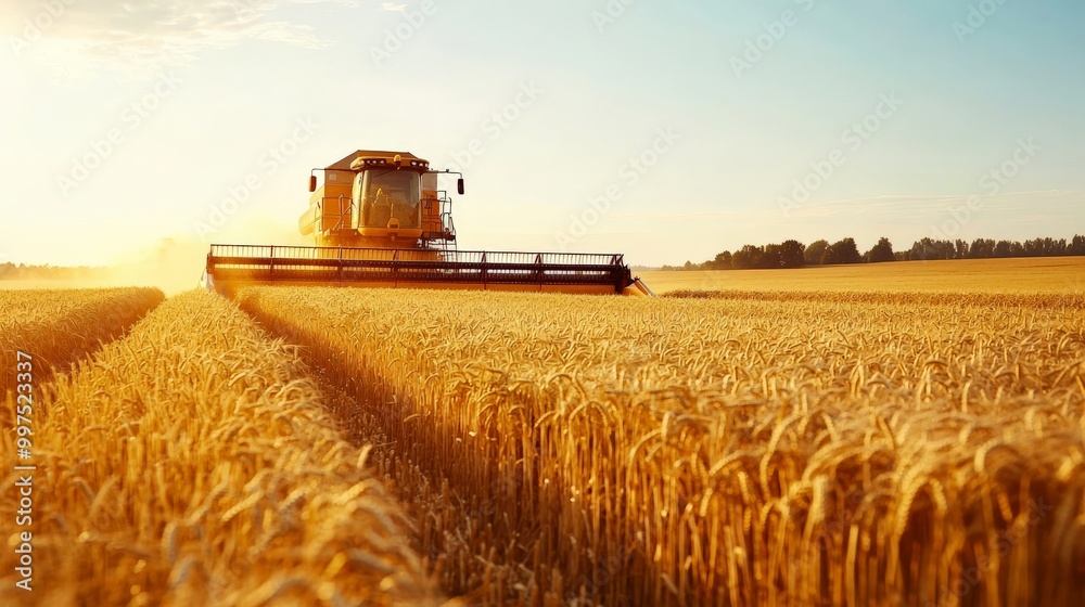 Fototapeta premium A combine harvester at work in a golden field of barley, under a clear sky