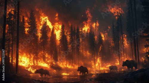 Wildfire burning through forest with bears amidst flames and smoke.