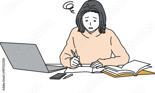 デスクワークで悩む女性のシンプルイラスト