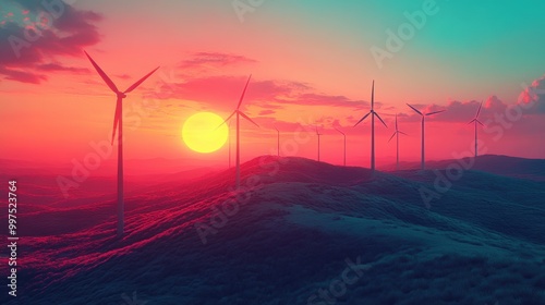 Wind turbines on hills at sunset with colorful skies, nature and renewable energy.