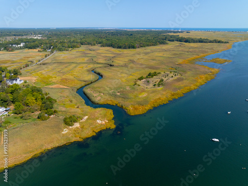 Marsh on Merrimack River aerial view near the river mouth to the Atlantic Ocean in town of Salisbury, Massachusetts MA, USA. photo