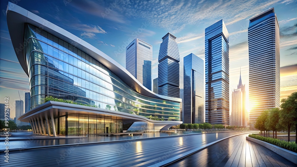 Fototapeta premium A modern cityscape with sleek, glassy skyscrapers reflecting the golden hour sunlight on a paved walkway leading towards a futuristic building