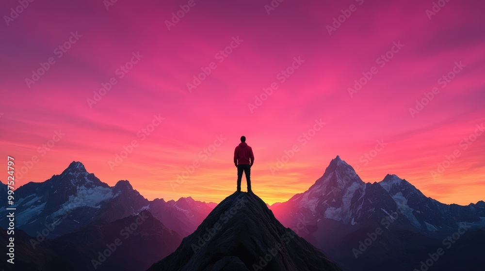 Obraz premium Man Standing on Mountain Peak at Sunrise with Colorful Sky