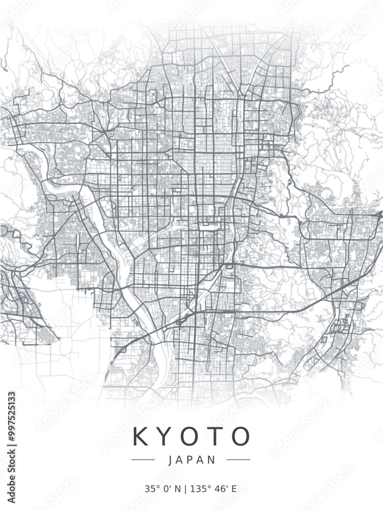 Fototapeta premium Kyoto minimalist map with highways and streets. Printable Japan map for decoration