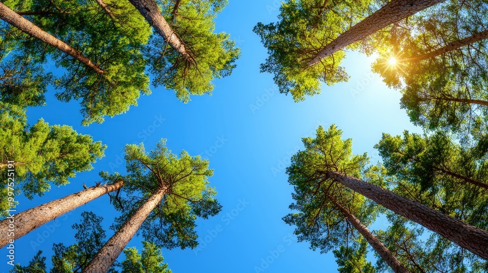 Fototapeta premium Tall Trees Canopy Sunlight Blue Sky Forest Nature Background