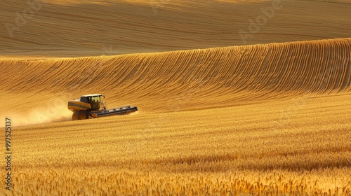 A combine harvester working through a golden field of barley during harvest season photo