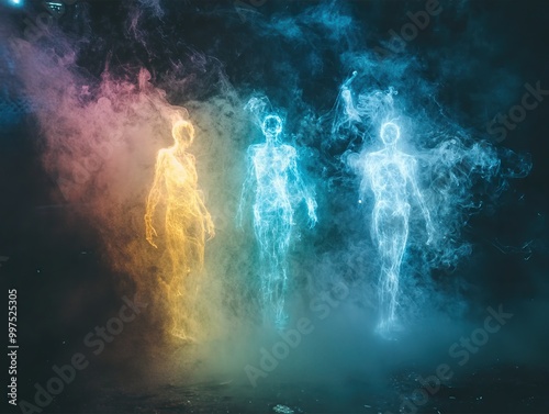 A surreal depiction of three ethereal figures emerging from colorful smoke, creating a mystical atmosphere that encourages curiosity and imagination.