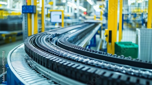 A conveyor belt carrying car parts through an automated assembly process, the industrial environment optimized for speed and accuracy