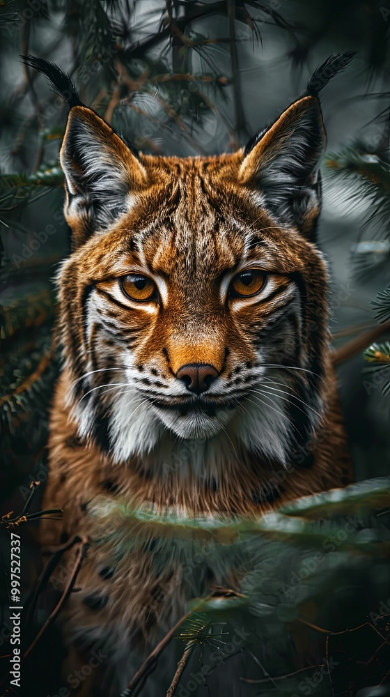 Naklejka premium Lynx hiding in forest, piercing stare