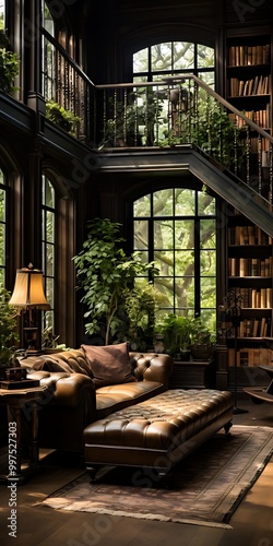 A cozy, plant-filled library with a leather sofa and large windows for natural light.