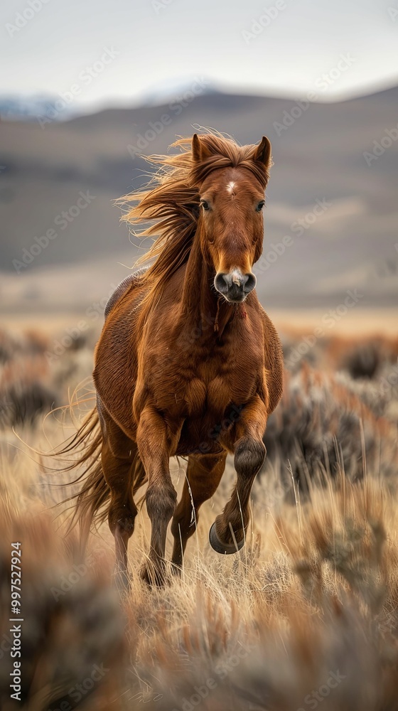 Obraz premium Wild horse running through dry grassland in wilderness