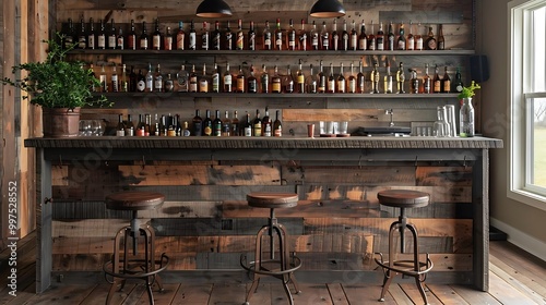 A rustic bar featuring a variety of bottles on shelves and wooden stools.