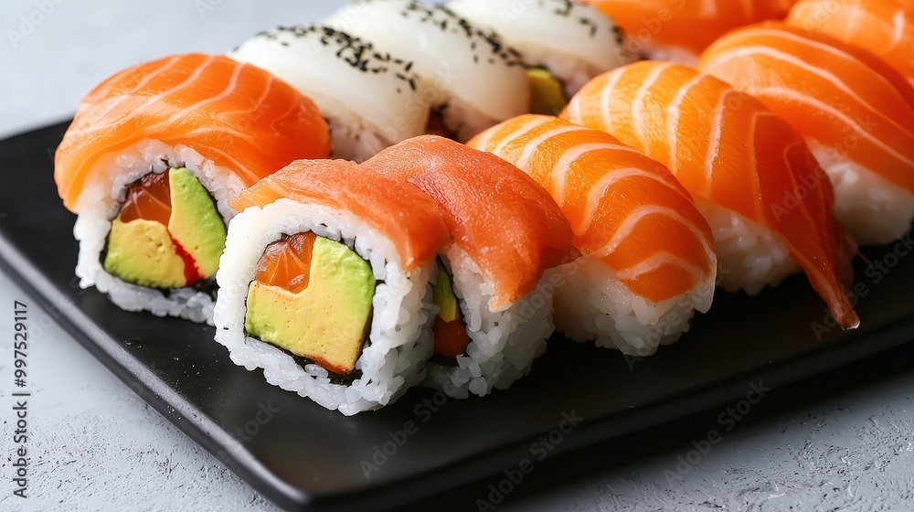 Delicious Salmon Sushi Rolls on Black Plate Japanese Cuisine Asian Food Seafood Healt Delicious Salmon Sushi Rolls on Black Plate Japanese Cuisine Asian Food Seafood Healt
