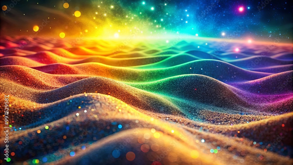 A surreal landscape of iridescent glitter hills bathed in a rainbow glow against a starry night sky A surreal landscape of iridescent glitter hills bathed in a rainbow glow against a starry night sky