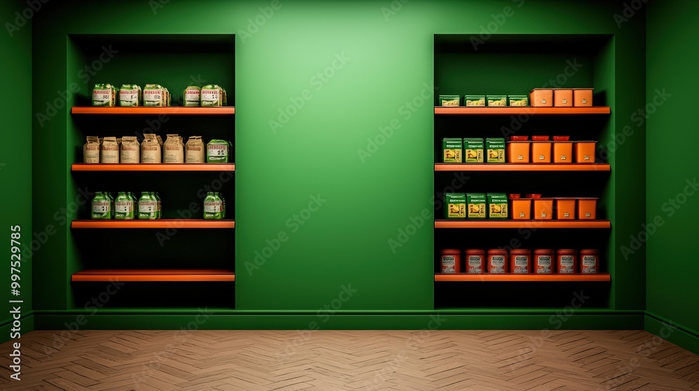 Empty Supermarket Aisle with Orange Shelves and Green Wall Empty Supermarket Aisle with Orange Shelves and Green Wall