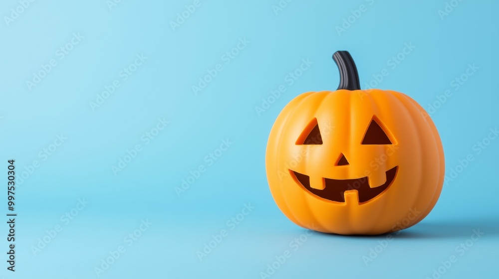 A cheerful carved pumpkin with a smiling face against a light blue backdrop, celebrating Halloween festivities in autumn. A cheerful carved pumpkin with a smiling face against a light blue backdrop, celebrating Halloween festivities in autumn.