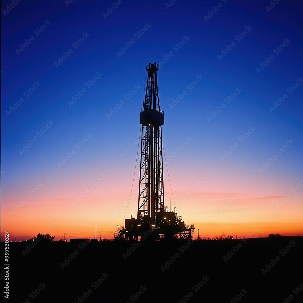 Oil Rig Silhouette Against a Vibrant Sunset Sky Oil Rig Silhouette Against a Vibrant Sunset Sky