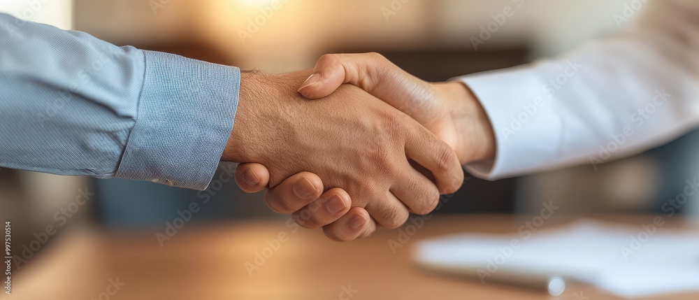 Diverse Hands Shaking Over a Desk in Professional Setting Diverse Hands Shaking Over a Desk in Professional Setting