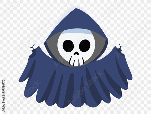 Scary white ghost  wear black hood isolated on png or transparent background,Halloween party banner, blank space for text, element template for poster, brochures, online advertising.vector