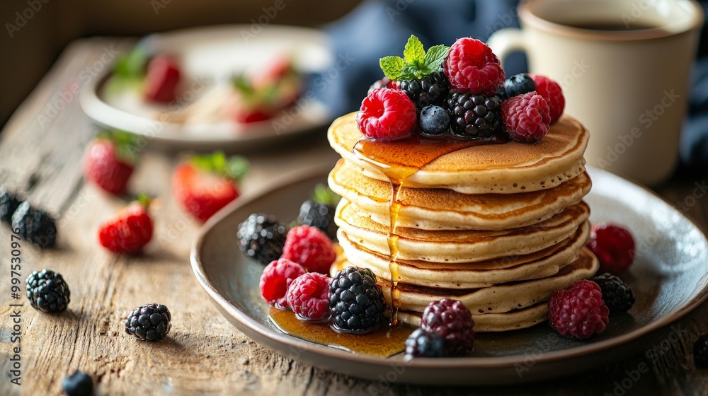 A cozy breakfast scene with a stack of fluffy pancakes topped with fresh berries and drizzled with maple syrup, served with a cup of coffee A cozy breakfast scene with a stack of fluffy pancakes topped with fresh berries and drizzled with maple syrup, served with a cup of coffee
