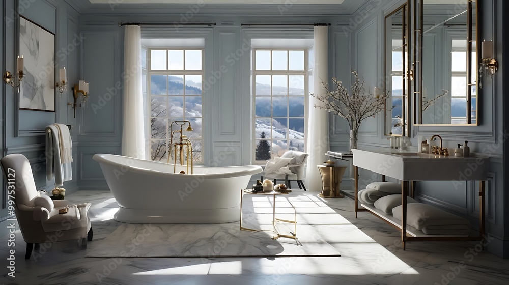 A luxurious bathroom featuring a freestanding tub, elegant decor, and scenic views. A luxurious bathroom featuring a freestanding tub, elegant decor, and scenic views.