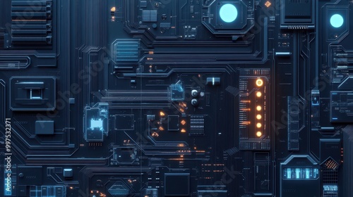 Futuristic Circuit Board with Glowing Blue and Orange Lights