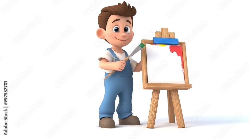 A vibrant 3D cartoon artist standing beside an easel, set against a clean white background. This playful character is depicted with exaggerated features, A vibrant 3D cartoon artist standing beside an easel, set against a clean white background. This playful character is depicted with exaggerated features,