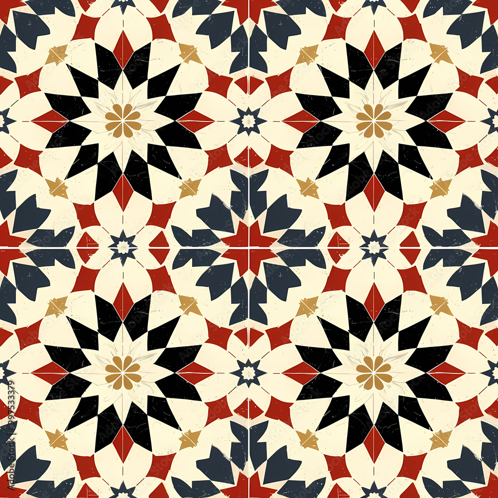 A vibrant geometric pattern featuring black, red, and cream flowers, creating a stunning visual effect perfect for textiles or background designs. A vibrant geometric pattern featuring black, red, and cream flowers, creating a stunning visual effect perfect for textiles or background designs.