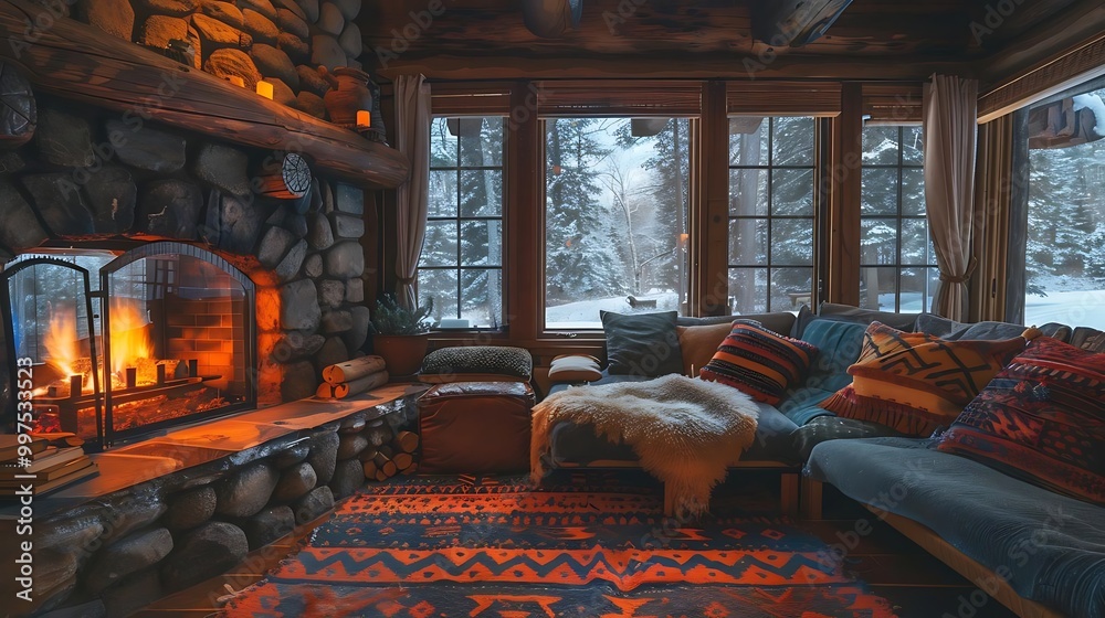 Cozy cabin interior with a fireplace, snow outside, and warm decor. Cozy cabin interior with a fireplace, snow outside, and warm decor.