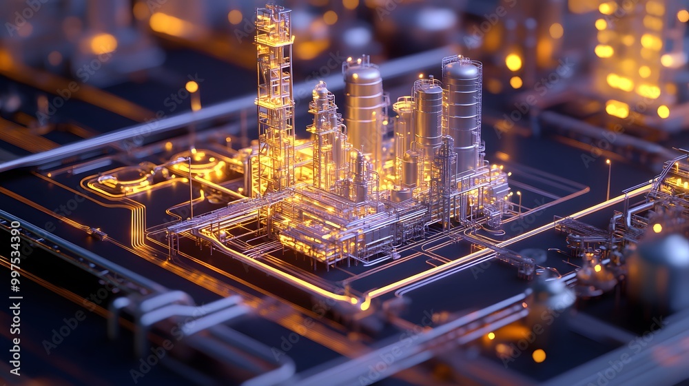 A computer generated image of a large industrial plant with many pipes and tanks. The image has a futuristic and industrial feel to it A computer generated image of a large industrial plant with many pipes and tanks. The image has a futuristic and industrial feel to it