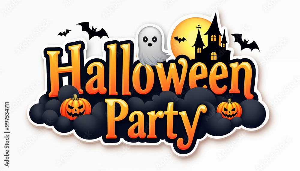 Halloween party with Spooky castle and ghost