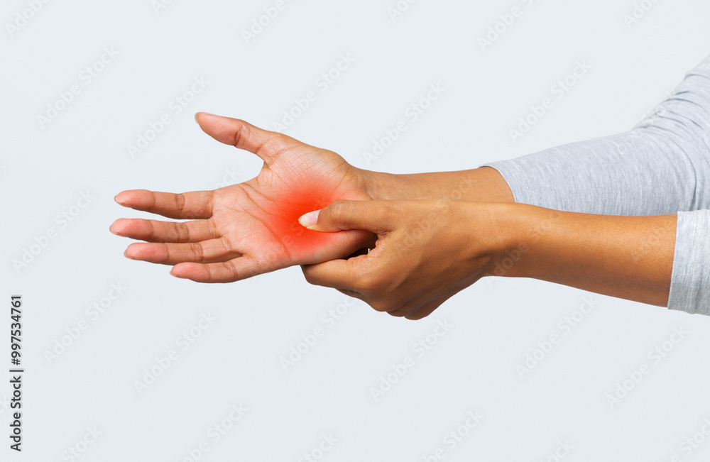 Pain in palm. Female hand suffering from work, afro woman massaging sore zone, close up Pain in palm. Female hand suffering from work, afro woman massaging sore zone, close up
