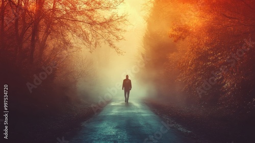 Solitary Figure Walking Through Misty Forest Path