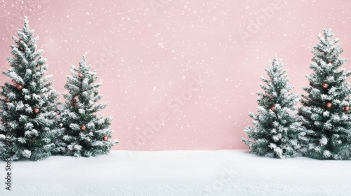 Pink Winter Wonderland Christmas Background with Snow and Pine Trees