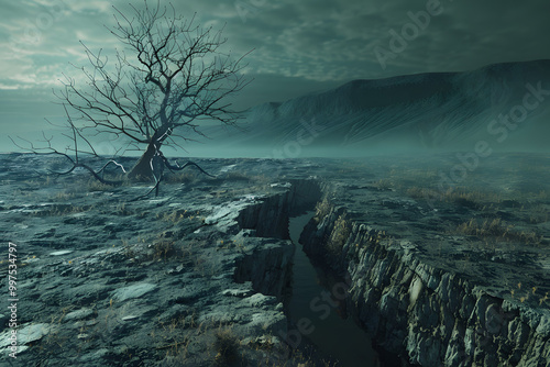 A haunting, desolate landscape featuring a gnarled tree in a cracked earth setting, evoking feelings of isolation and decay.